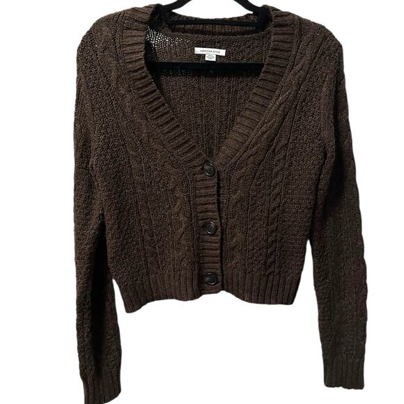 American Eagle Women’s S Button Front Cropped Cardigan Sweater Brown Cable Knit - Picture 1 of 7